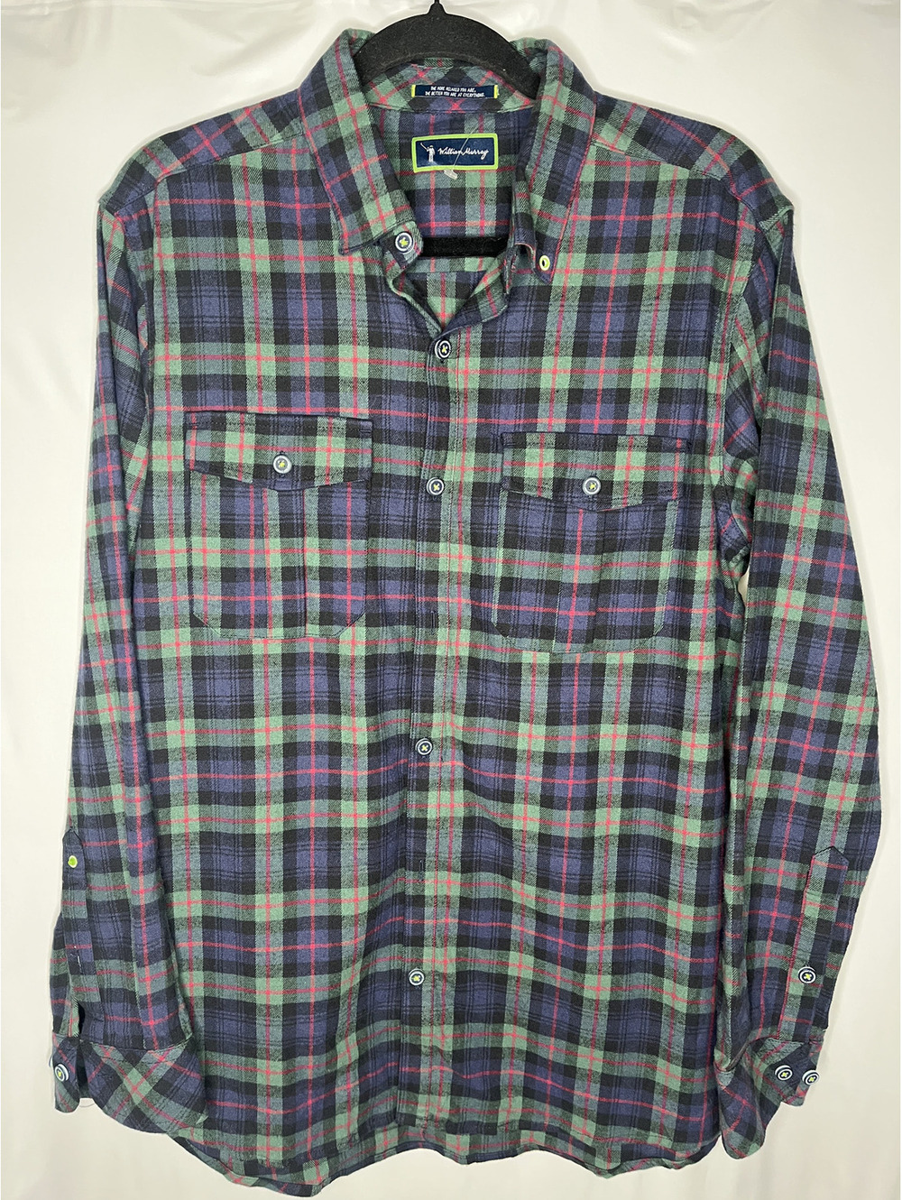 NWOT William Murray Men's Green/Blue Plaid Button Down Shirt Size Medium